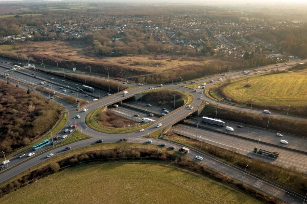 The M25 motorway junction aerial view