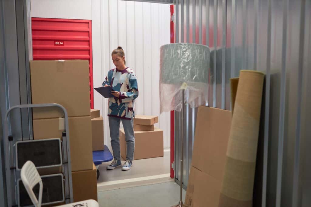 A woman inspecting a self-storage unit