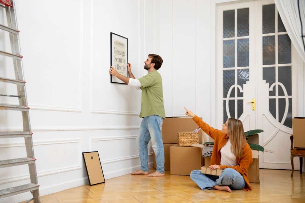 A young couple decorating their new home after moving