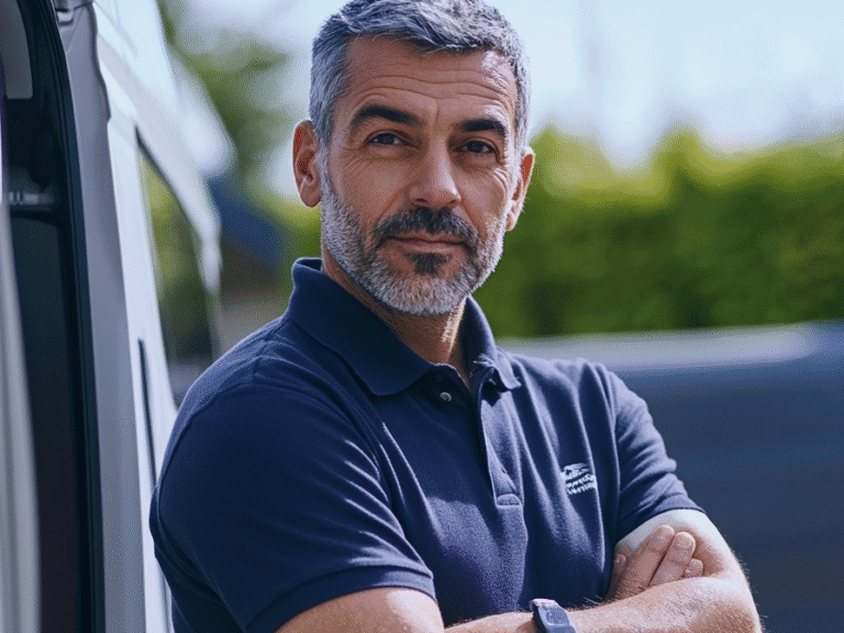 A middle-aged man as a man with a van crew in Finchley standing at the side of the van