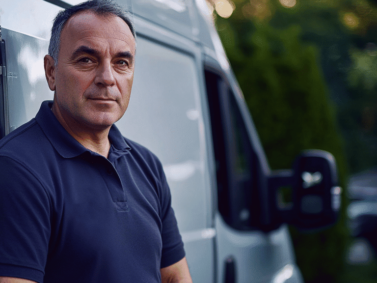 Image for cheap man and van quote-a crew wearing dark shirt standing outside the white van